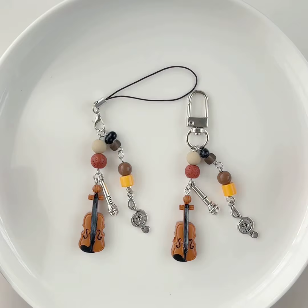 Violon Microphone perle musique porte-clés chaîne de téléphone portable Niche rétro sac pendentif Blackpack lanière accessoire porte-clés cadeaux