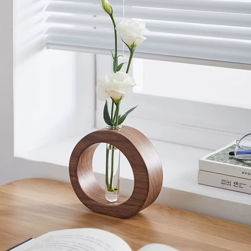 Vase en bois de noyer rond pour tubes à essai – Pot hydroponique minimaliste