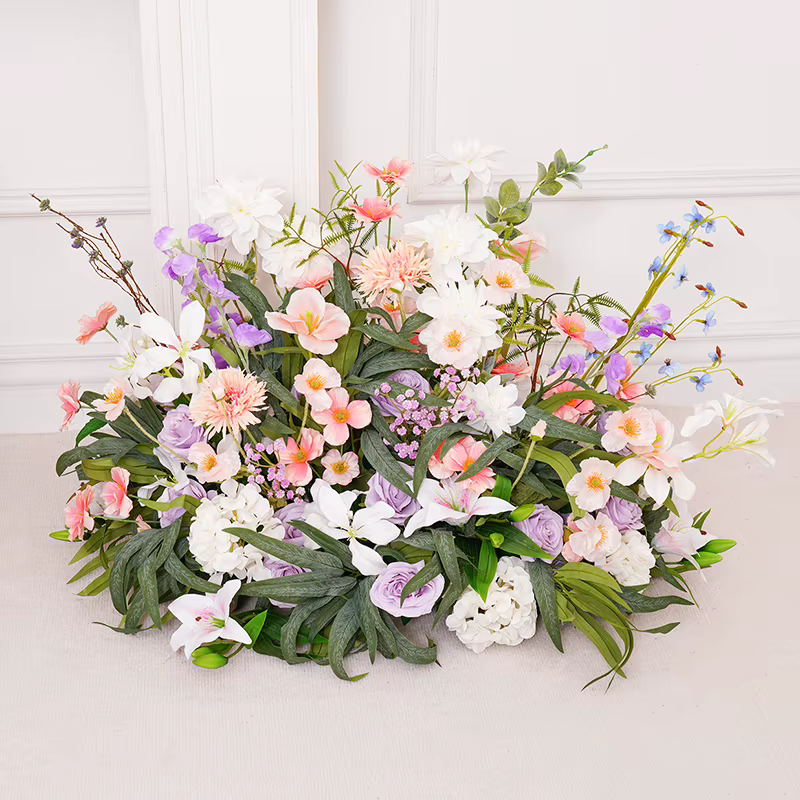 H8742 Lilas rose blanc avec rangée de fleurs vertes plancher de mariage Arrangement Floral maison cheminée décor tenture murale couronne guirlande