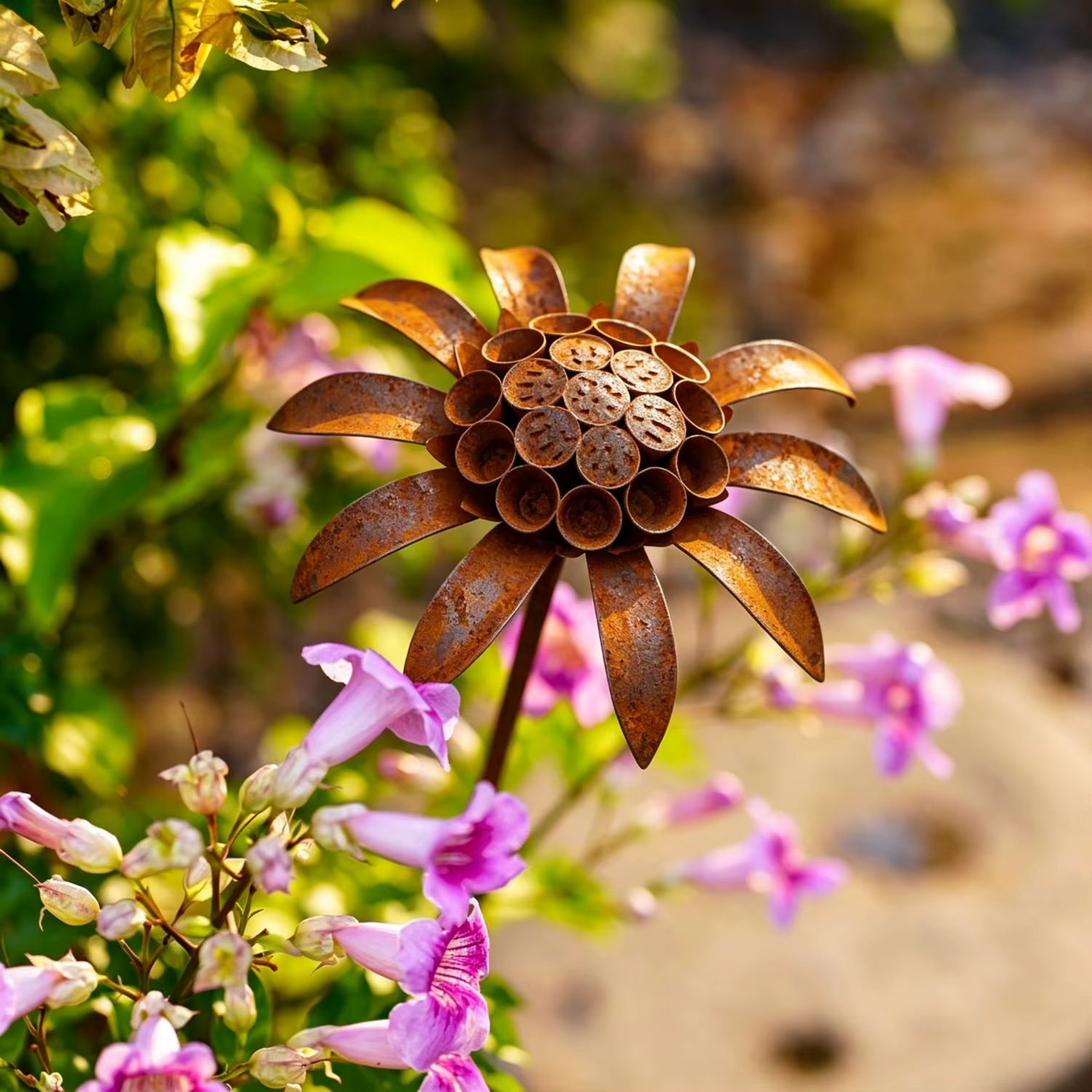 Piquet de jardin vintage en métal rouillé avec fleur de scabiosa