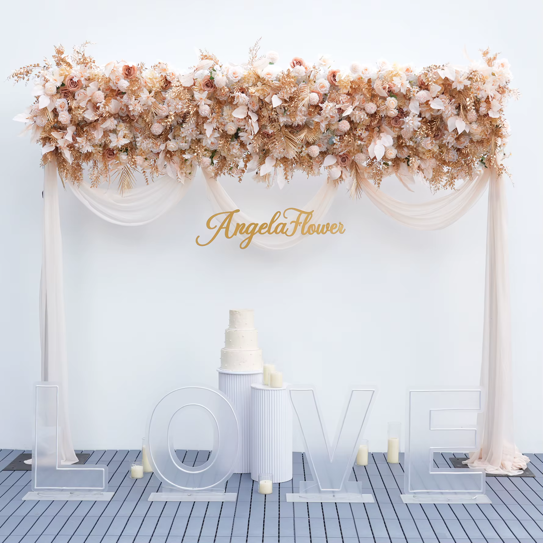 A9027 Angela fleur artificielle Champagne feuilles d'or Base en tissu Arrangement Floral en plein air mariage toile de fond arc décor accessoires