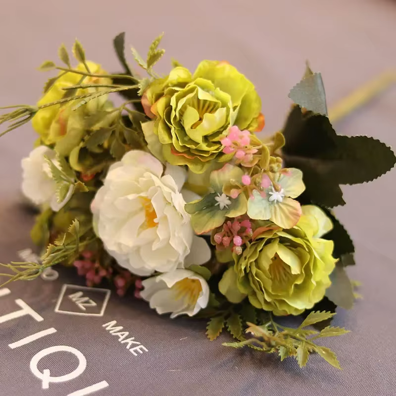 Fleurs artificielles vertes pivoine thé Rose automne soie fausses fleurs pour bricolage salon maison jardin décoration de mariage