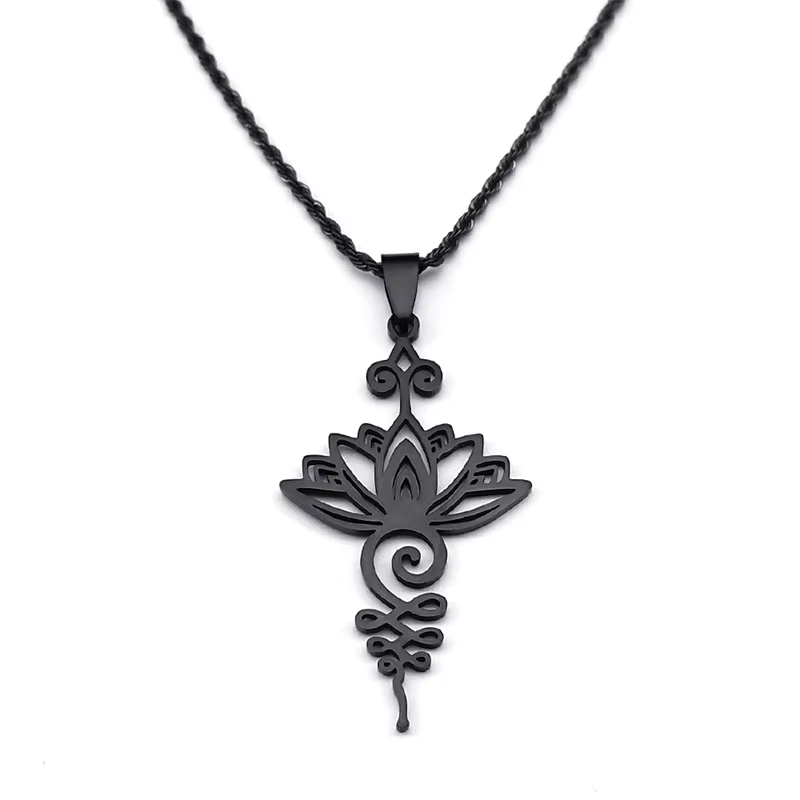 Collier pendentif fleur de Lotus artistique pour femmes et hommes, en acier inoxydable, couleur noire, colliers Chakra de guérison de Yoga, bijoux gothiques