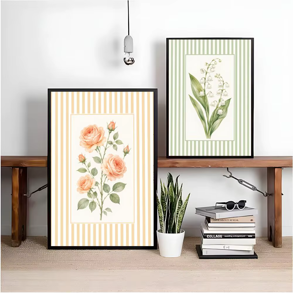 Tableau d'art mural moderne en toile avec motifs floraux rayés et calligraphie pour la décoration intérieure de la maison et de la chambre