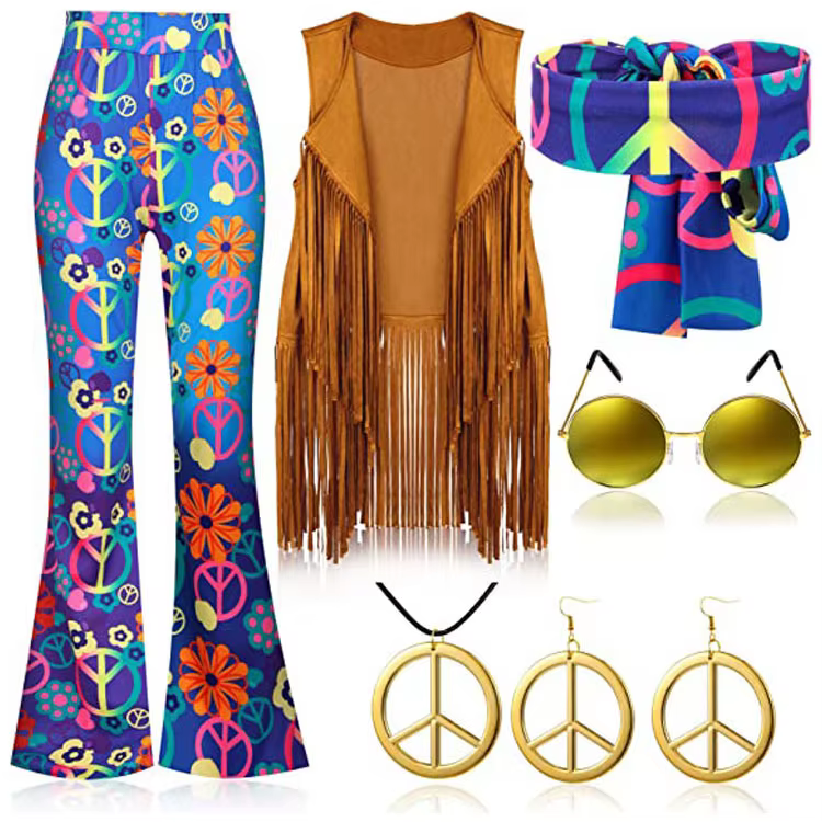 Costume Hippie Femme Amour et Paix Années 60 70 Tenue de Scène Fille Accessoires de Performance à Pompons Indiens