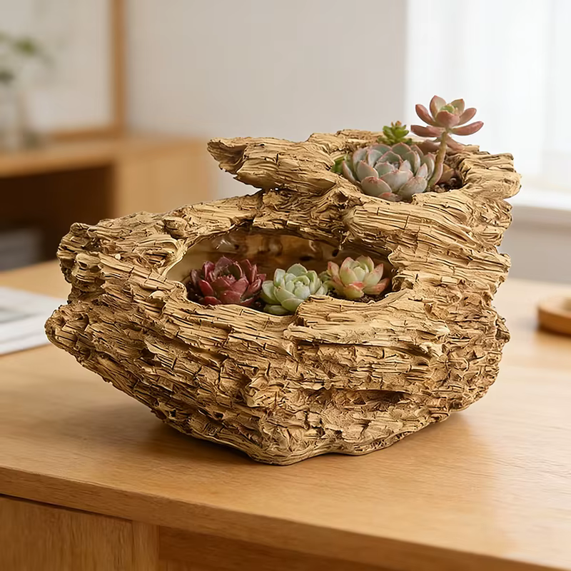 Pot de fleurs en résine imitation bois flotté avec deux trous