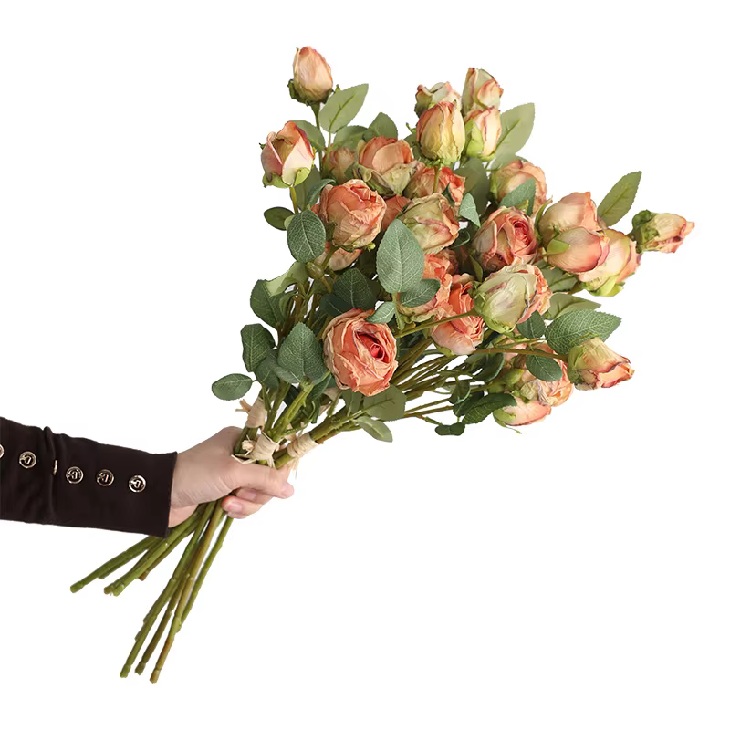 Simulation Roses Bouquet bord brûlé fausses fleurs en soie mariage Floral intérieur extérieur centre commercial décoration crème Rose fleur artificielle
