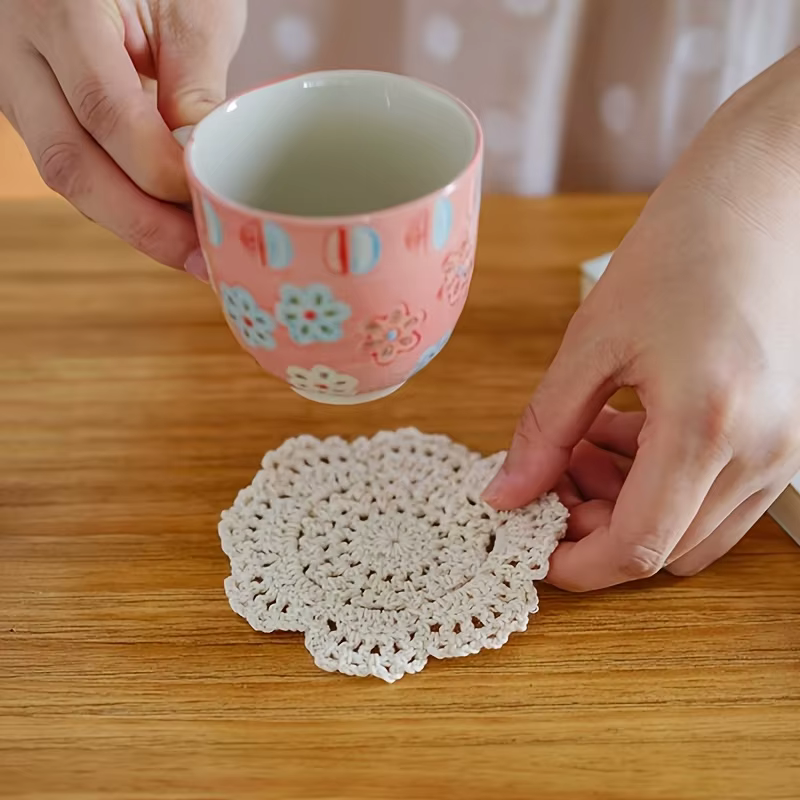 Vintage |     Crochet floral] 4 pièces de dessous-de-verre vintage en crochet floral |     Porte-gobelets décoratifs rustiques Cottagecore pour café