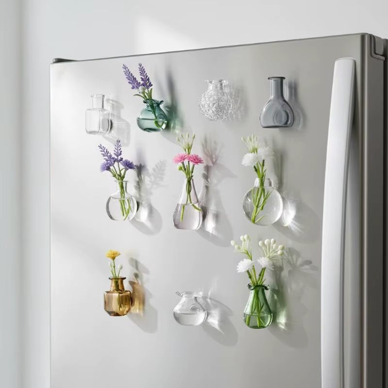 Ensemble de vases en verre magnétiques - Mini pots à plantes aimantés pour réfrigérateur - Porte-fleurs décoratif pour la maison et le bureau