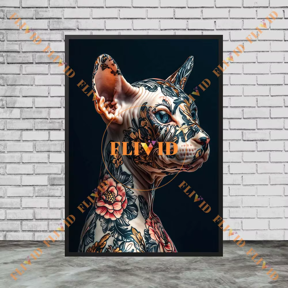 Affiche Murale Abstraite avec Tatouage de Chien et Chat, Peinture sur Toile Sans Cadre, Imprimés d'Animaux, Décor de Salon