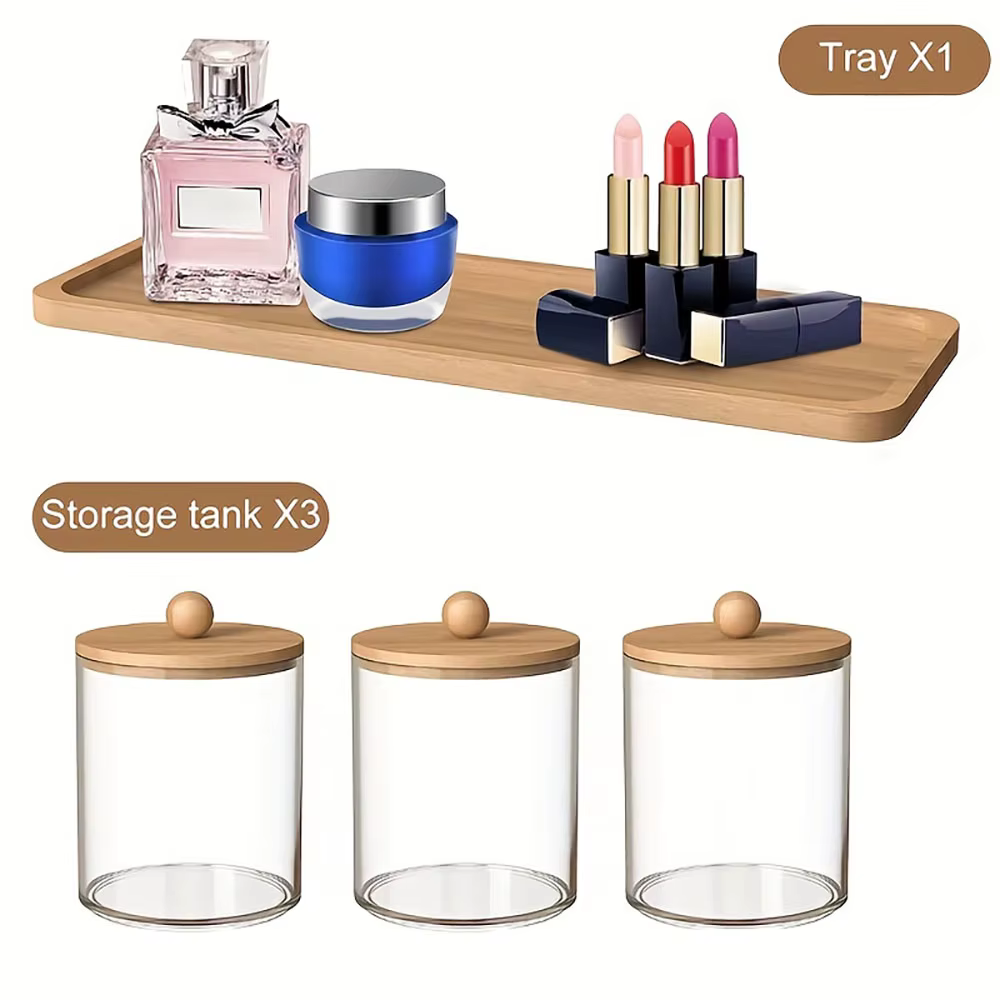 Support en bambou avec 1 plateau de commode, figurines d'apothicaire avec couvercle en bambou, récipient de salle de bain transparent, 3 écouvillons, boules, tampons, ensemble de 4 pièces
