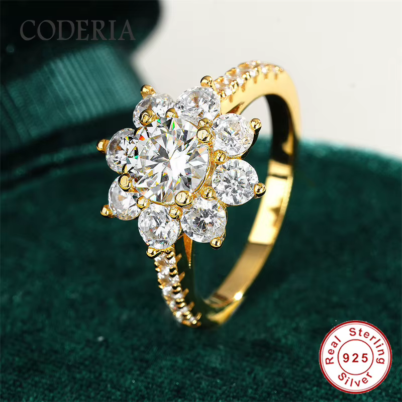 Bagues rondes en argent S925 tournesol, couleur D 1CT VVS1 3EX, bague Moissanite plaquée avec bande de doigt en or 14K, bijoux de mariage