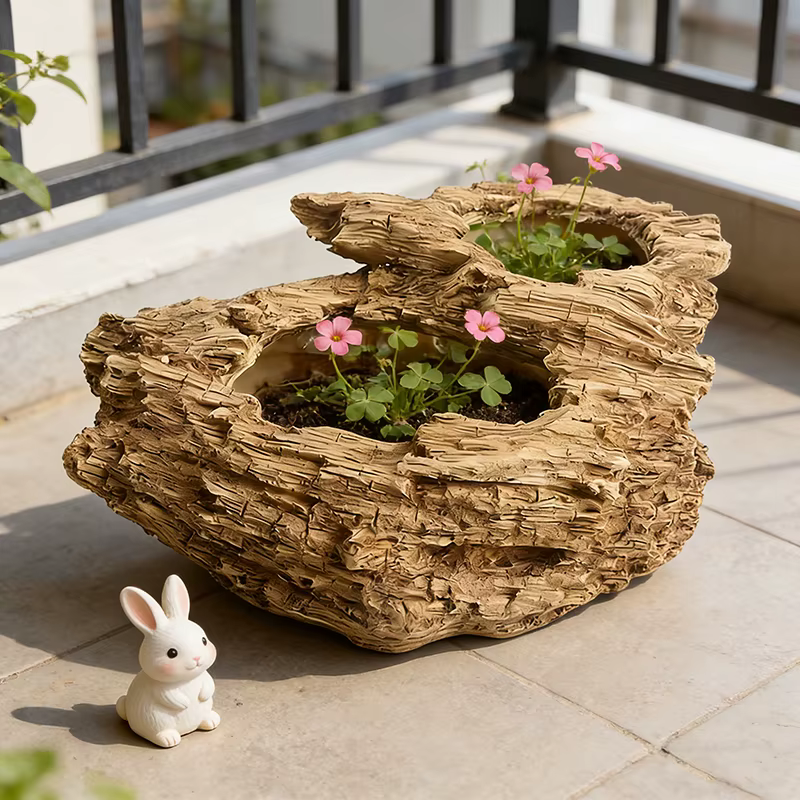 Pot de fleurs en résine imitation bois flotté avec deux trous