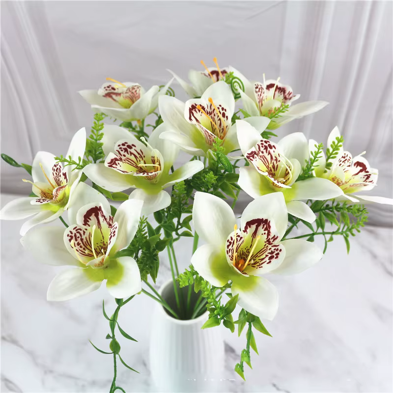 10 pièces/Bouquet fleur d'orchidée artificielle soie blanche fausse