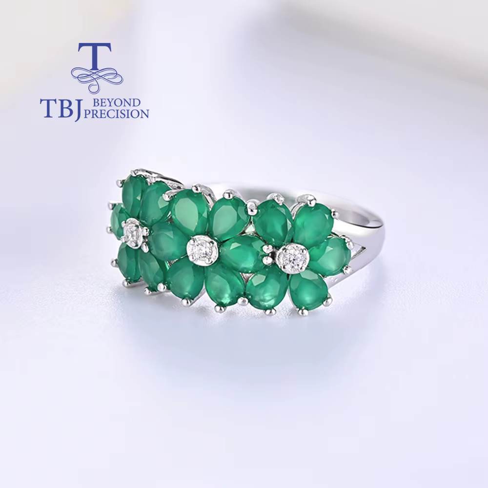 Bague en argent sterling S925 pour femme avec motif floral en agate verte naturelle, bijou délicat et luxueux pour offrir en cadeau ou pour les rendez-vous galants