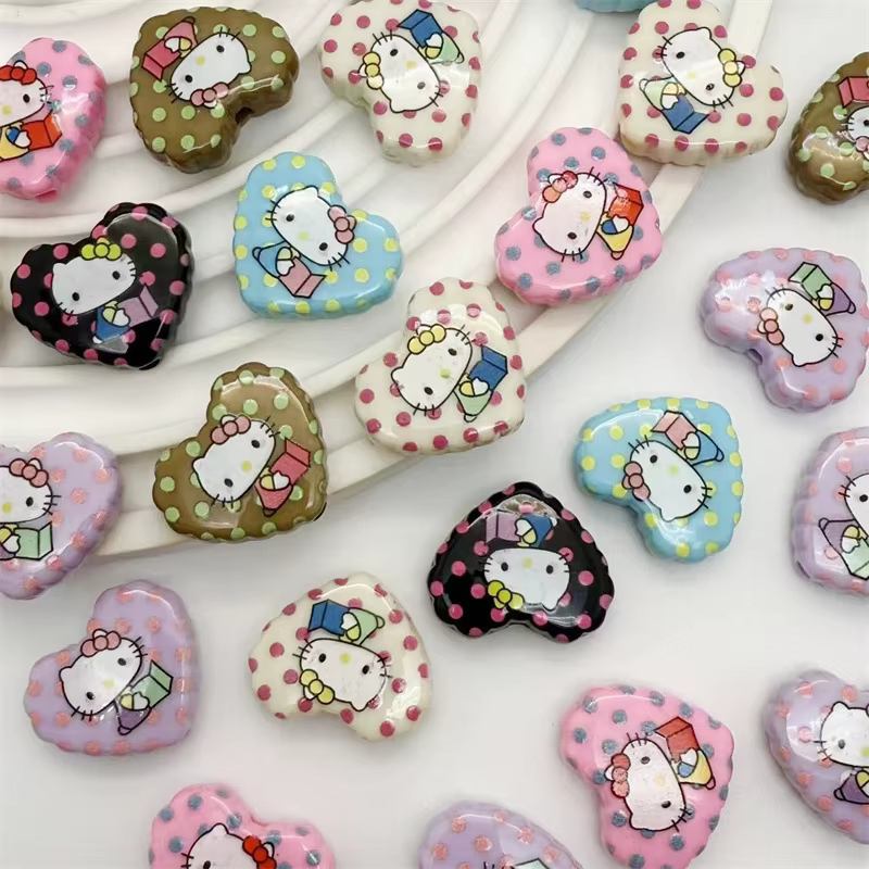 Impressions acryliques Hello Kitty, forme de cœur d'amour, chat KT de dessin animé mignon, perles à trou traversant, accessoires de stylo à corde pour téléphone portable DIY