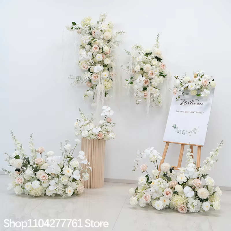 Arrangement floral blanc Rose hortensia plancher artificiel rangée de fleurs toile de fond de mariage souffle de bébé événement fête guide routier affichage