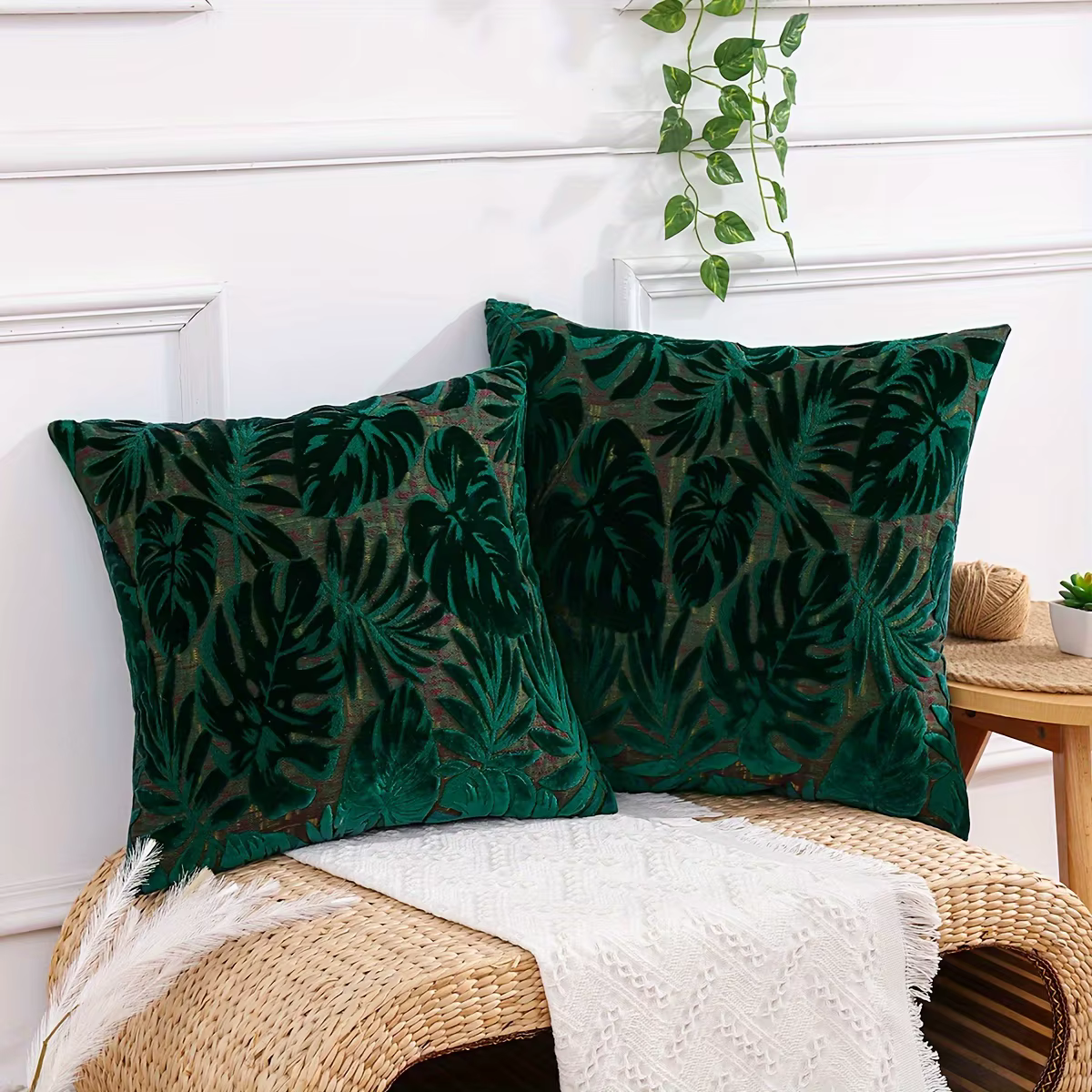 1 pièces Chenille feuille verte Jacaquard plantes tropicales housse de coussin jeter taies d'oreiller pour la décoration de la maison (sans insérer)