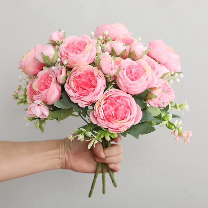 Vente chaude 1 pièces/30 cm Rose Bouquet de soie pivoine fleur artificielle 5 grosse tête 4 petit bourgeon mariée mariage décoration de la maison Artifi