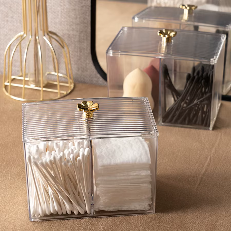 Pot d'apothicaire transparent à 3 sections avec couvercle – Porte-écouvillons en boule de coton Qtips pour l'organisation de la vanité de la salle de bain, distributeur à 3 grilles