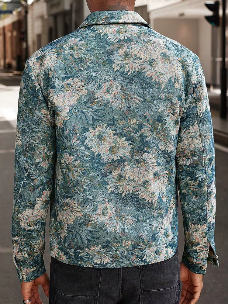 Veste texturée à motifs floraux vintage pour homme, manteau décontracté d'automne à manches longues, coupe ajustée, boutonnée, à revers, style cargo, pour homme, tendance