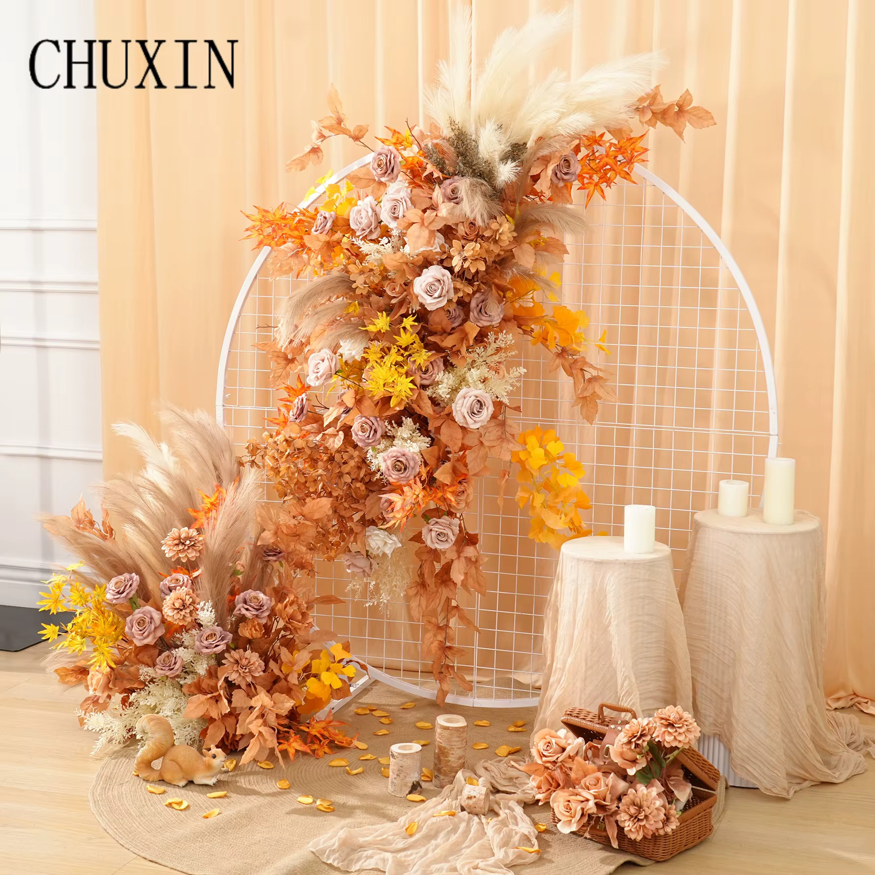 C8985 automne café Rose Pampas herbe feuilles accrocher Arrangement Floral mariage toile de fond décor allée fleur florale Photo fournitures