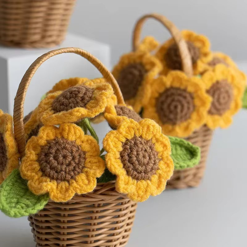 Crochet fleur mignon fini tissé tournesols en pot tricoté à la main