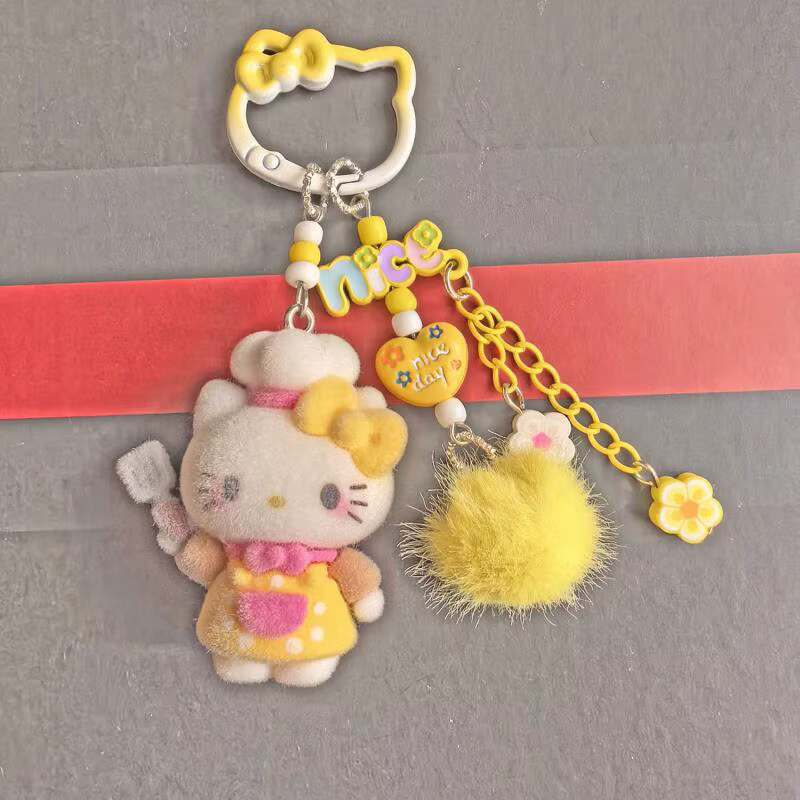 Porte-clés Hello Kitty floqué, breloque de sac, pendentif pompon floral pour accessoire quotidien et décoration assortie