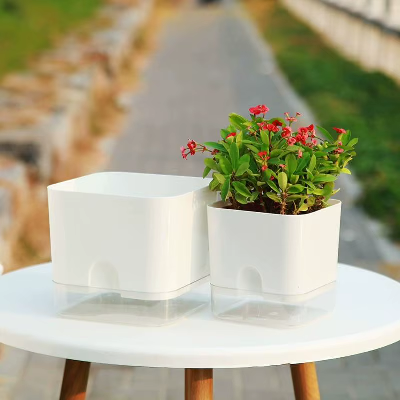 ▪ Pot de fleurs auto-arrosant blanc carré à double couche pour plantes d'intérieur et d'extérieur, balcon, jardin, décoration
