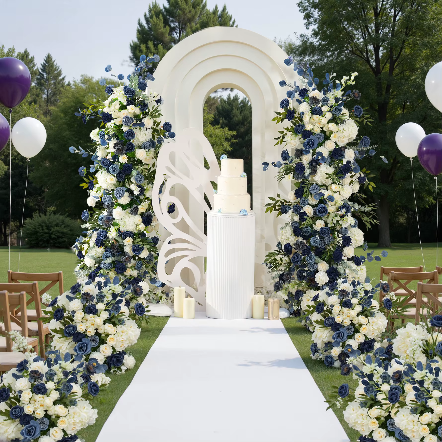 Angela fleur A9032 bleu blanc Rose verdure KT conseil Arrangement Floral mariage toile de fond événement