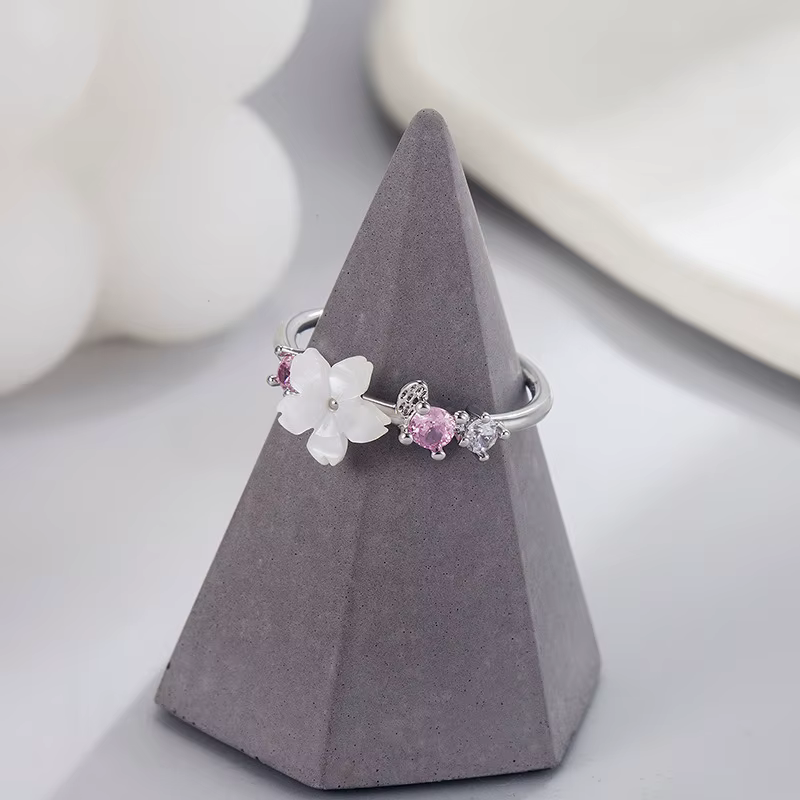 Bagues à fleurs romantiques roses pour femmes, Zircon brillant, branche de fleur de cerisier, coquille, bijoux esthétiques de mariage et de noël