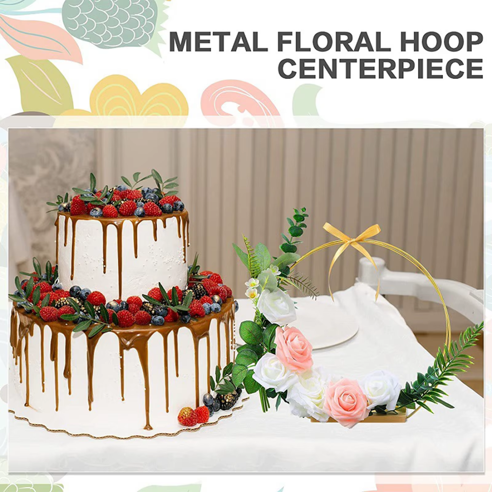 Pièce maîtresse de cerceau floral en métal avec support en bois