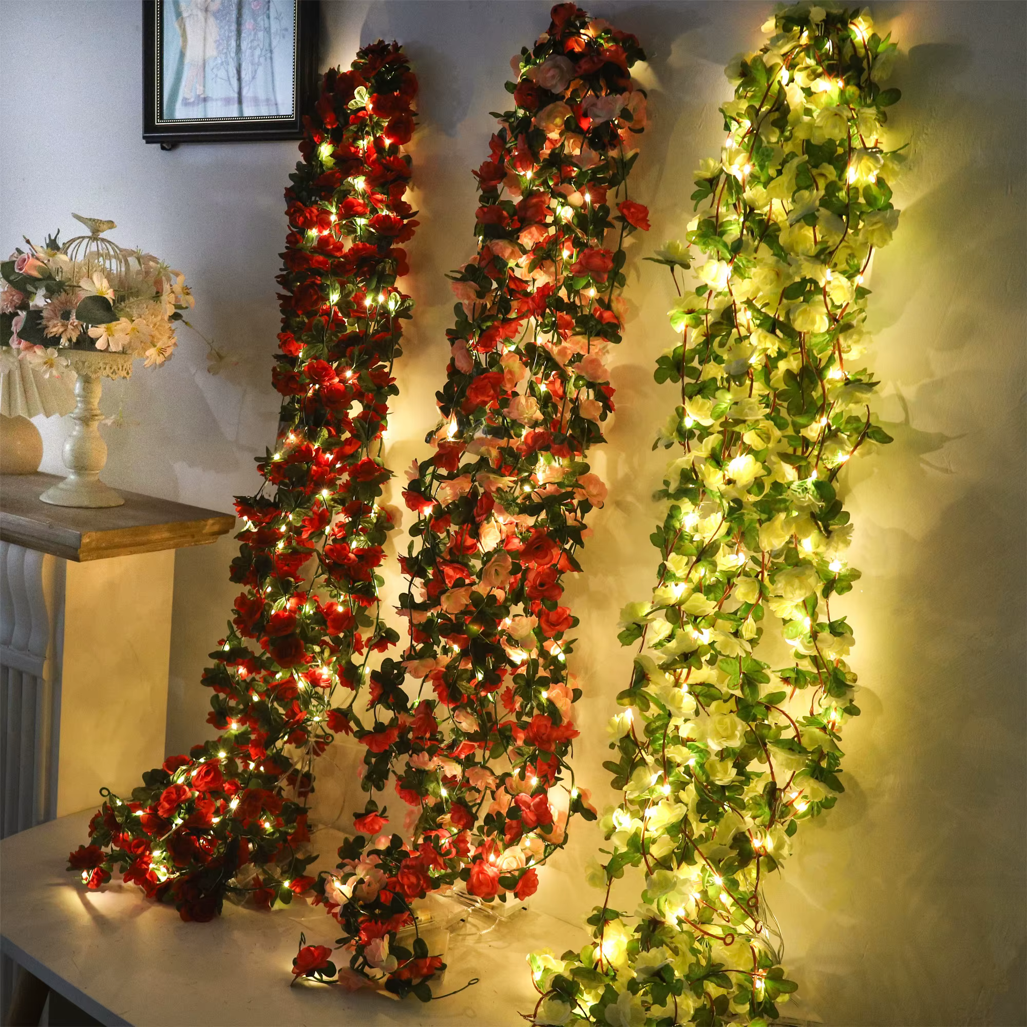 Rose LED lumières chaîne fleurs artificielles feuilles de lierre guirlande de mariage maison chambre décoration arc suspendu mur jardin fête décor
