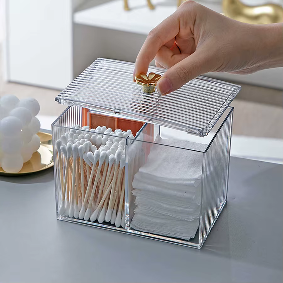 Pot d'apothicaire transparent à 3 sections avec couvercle – Porte-écouvillons en boule de coton Qtips pour l'organisation de la vanité de la salle de bain, distributeur à 3 grilles