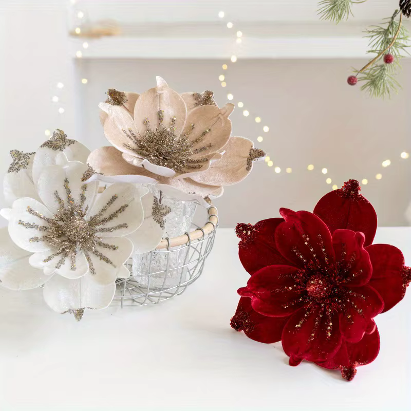 Arbre de noël Poinsettia fleur crème velours blanc Magnolia ornements floraux artificiels pour décoration
