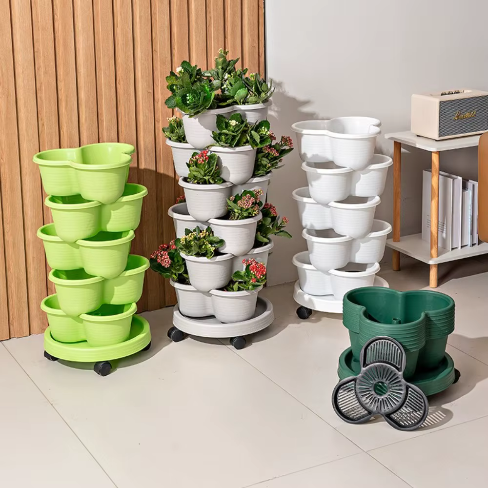 Jardinière verticale empilable multi-niveaux en plastique avec roulettes mobiles pour fraises