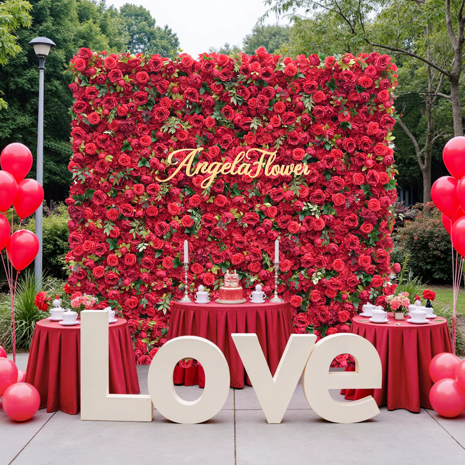 A8937 Rose rouge pivoine feuilles vertes 5D enroulable tissu Base fleur décoration murale mariage toile de fond Arrangement Floral fournitures de Banquet