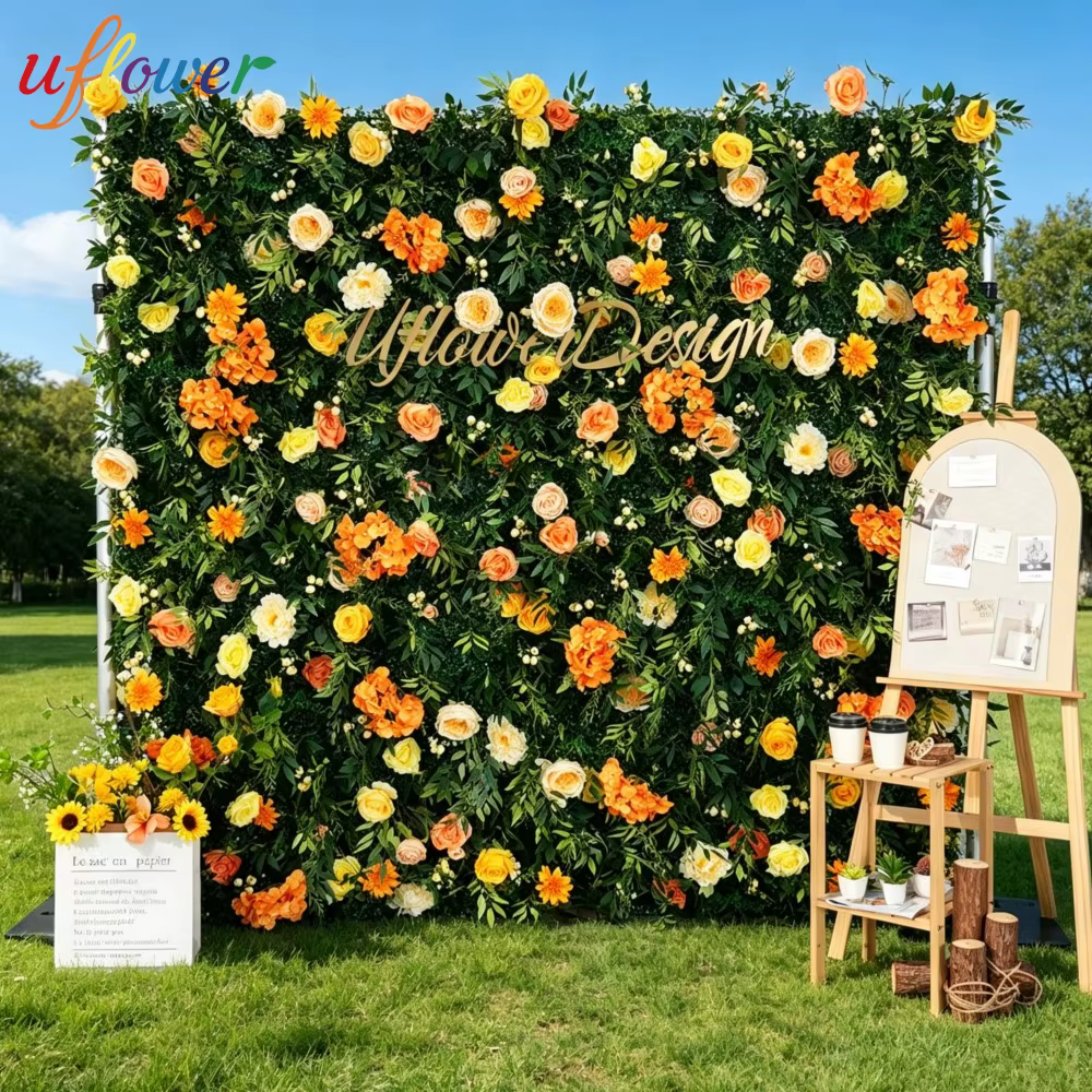 Mur de fleurs artificielles 5D en tissu avec roses orange et feuilles vertes pour décoration de mariage