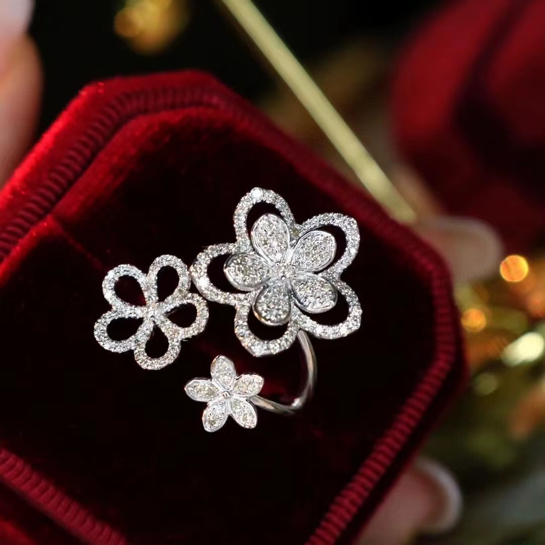 Bague ouverte en diamant français pour femme, super nickel é, timbre féminin, cadeau d'anniversaire, fête de mariage, mode, Zcomprend on Three Flower, 925