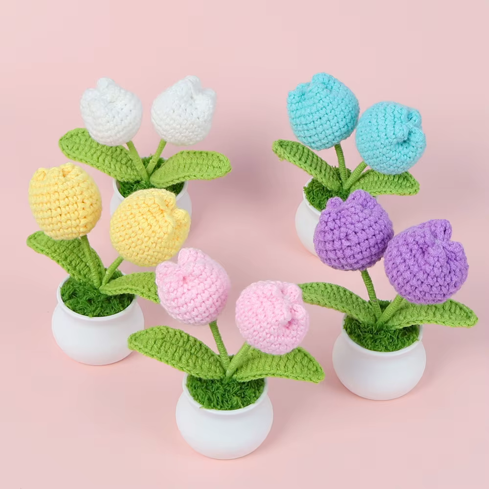 Tulipes Crochet fleur en pot créatif tissé Rose fleurs fini tricoté plante tulipanes Tejidos
