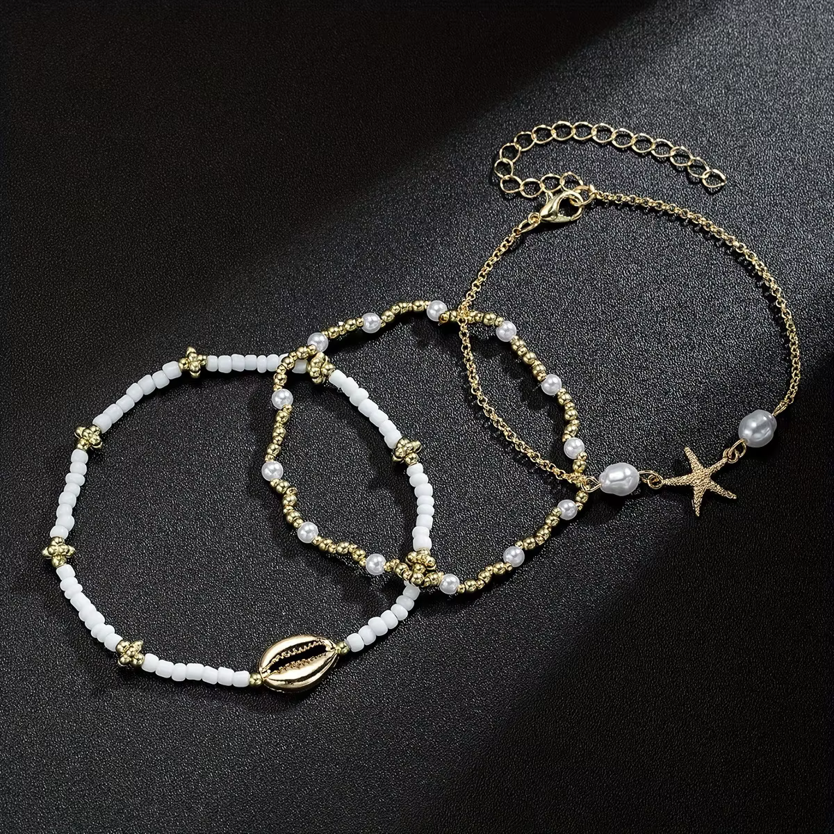 Chaînes de cheville de Style bohème pour femmes, accessoires de pied à trois couches avec perles de riz, coquillages et étoile de mer