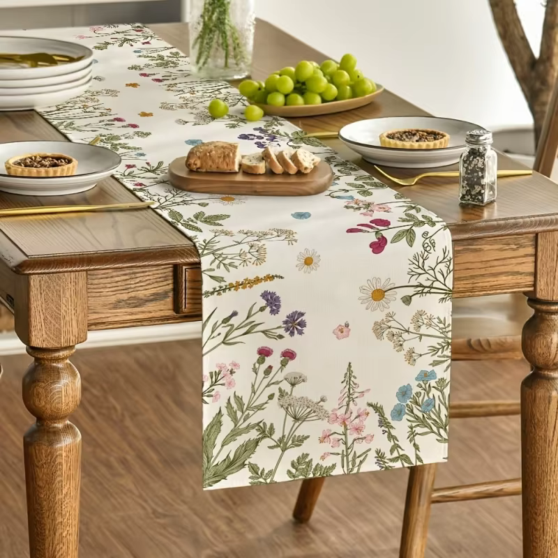 Chemin de table en polyester et lin à motifs de fleurs sauvages