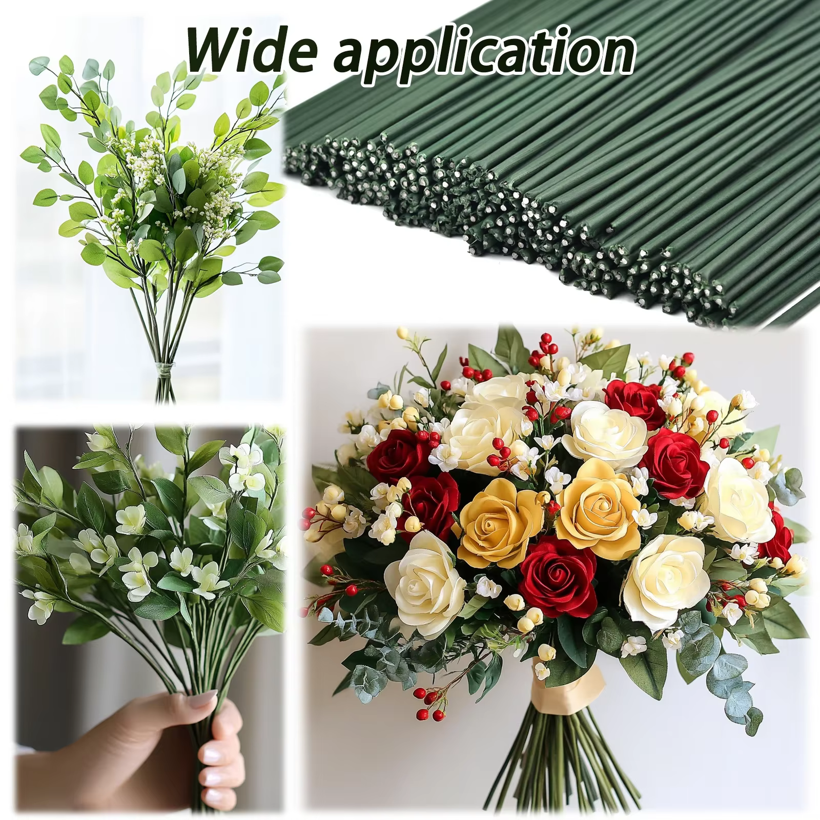 Tiges de fleurs vertes artificielles, 15/20/25/30/40cm, matériel floral à faire soi-même, accessoires à tiges en fil faits à la main pour décoration de mariage et de maison, 50 pièces