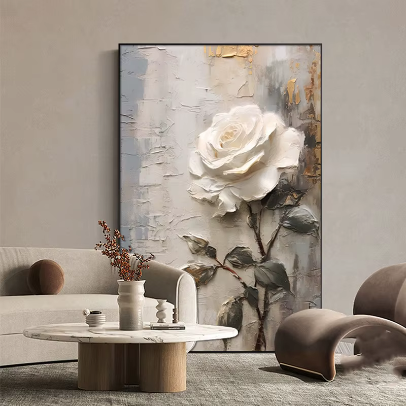 Peinture à l'huile abstraite de fleurs blanches imprimées sur toile