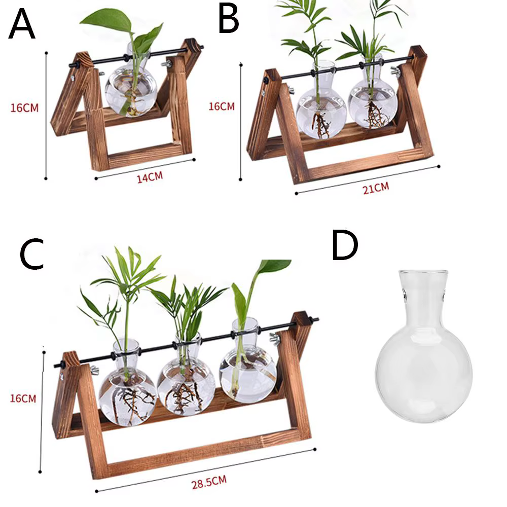Pot de fleurs en verre avec cadre en bois
