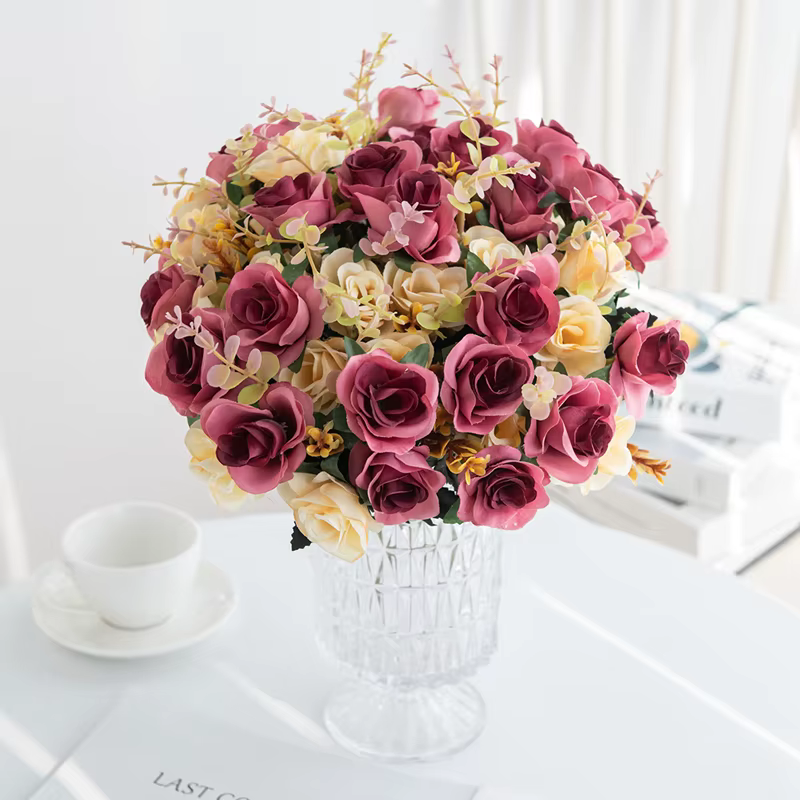 Mini Roses artificielles en soie à 12 têtes