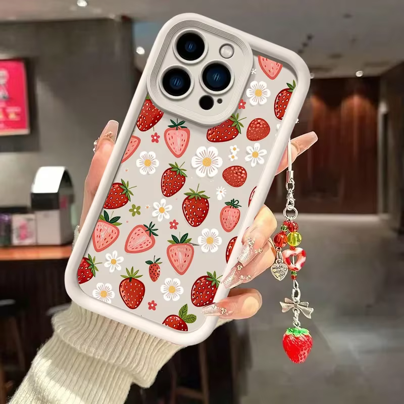 Coque en silicone souple mat TPU avec chaîne et pendentif motif fleur fraise pour Google Pixel 10 Pro 9A 8A 10 9 8 10 Pro XL 7A