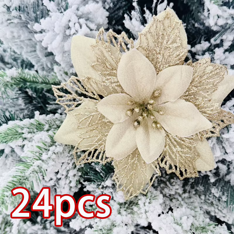 Paquet de 24 décorations de fleurs artificielles de noël Poinsettia en tissu pour arbre
