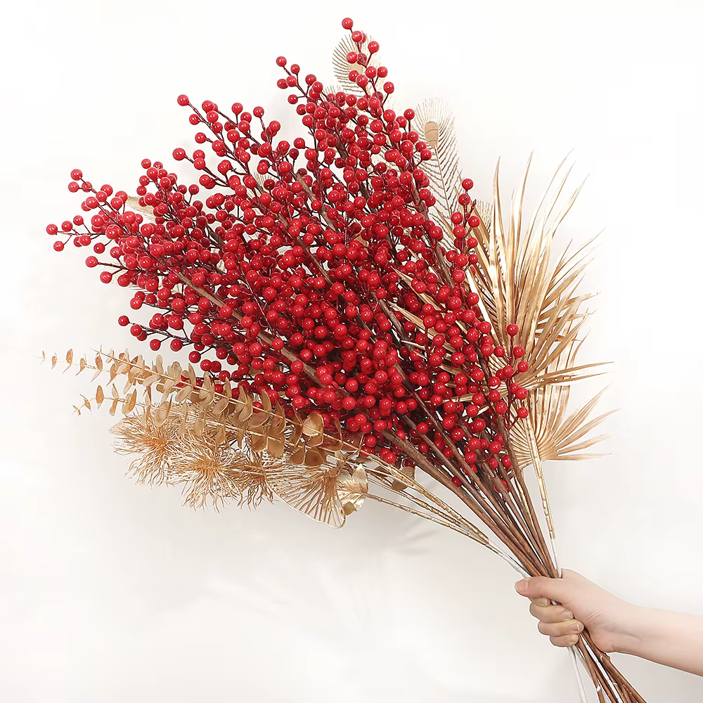 Bouquet de fleurs de baies rouges artificielles branche d'étamine fausse plante pour décor de chambre à la maison