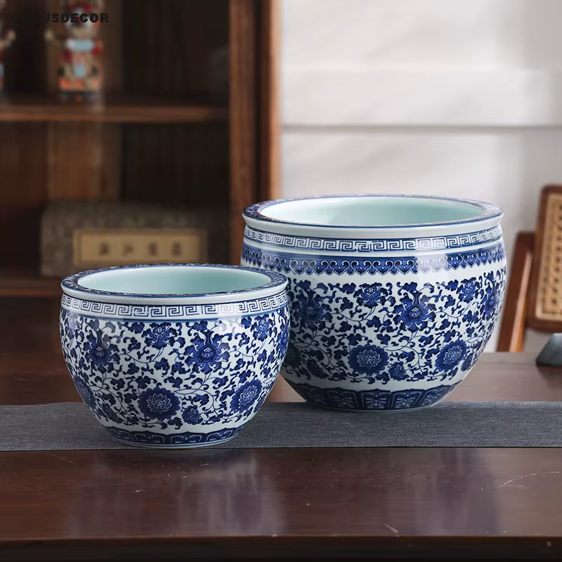 Jingdezhen Pot de fleur en porcelaine bleue et blanche haute température Pot